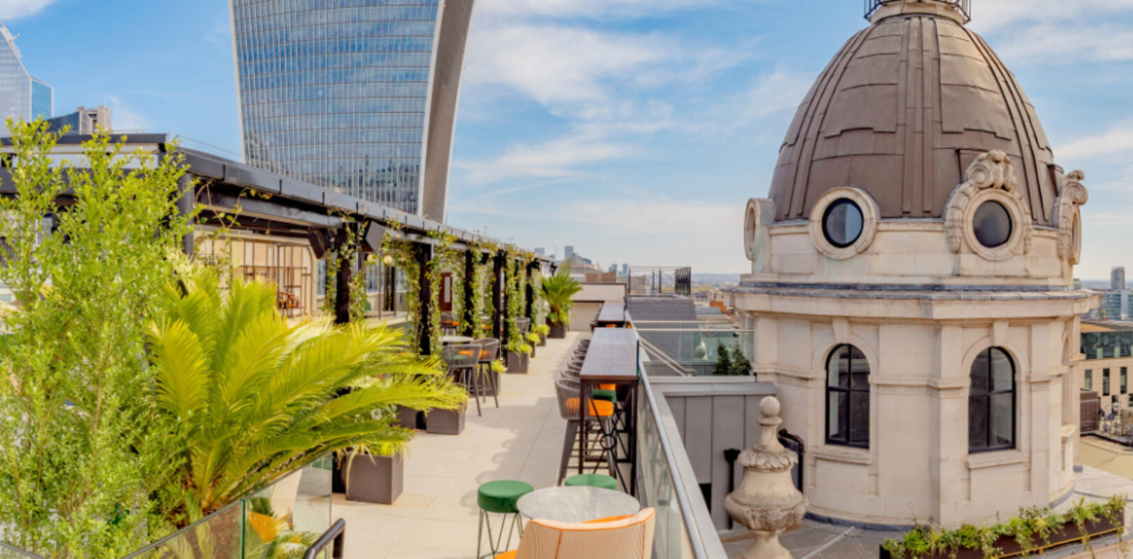 11 Rooftop Bars & Restaurants in the City of London - Wagtail roof terrace 11 Rooftop Bars & Restaurants in the City of London - Wagtail roof terrace - long roof terrace with seating and potted plants