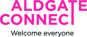 Aldgate Connect logo - pink text "Aldgate Connect", black text "Welcome everyone".