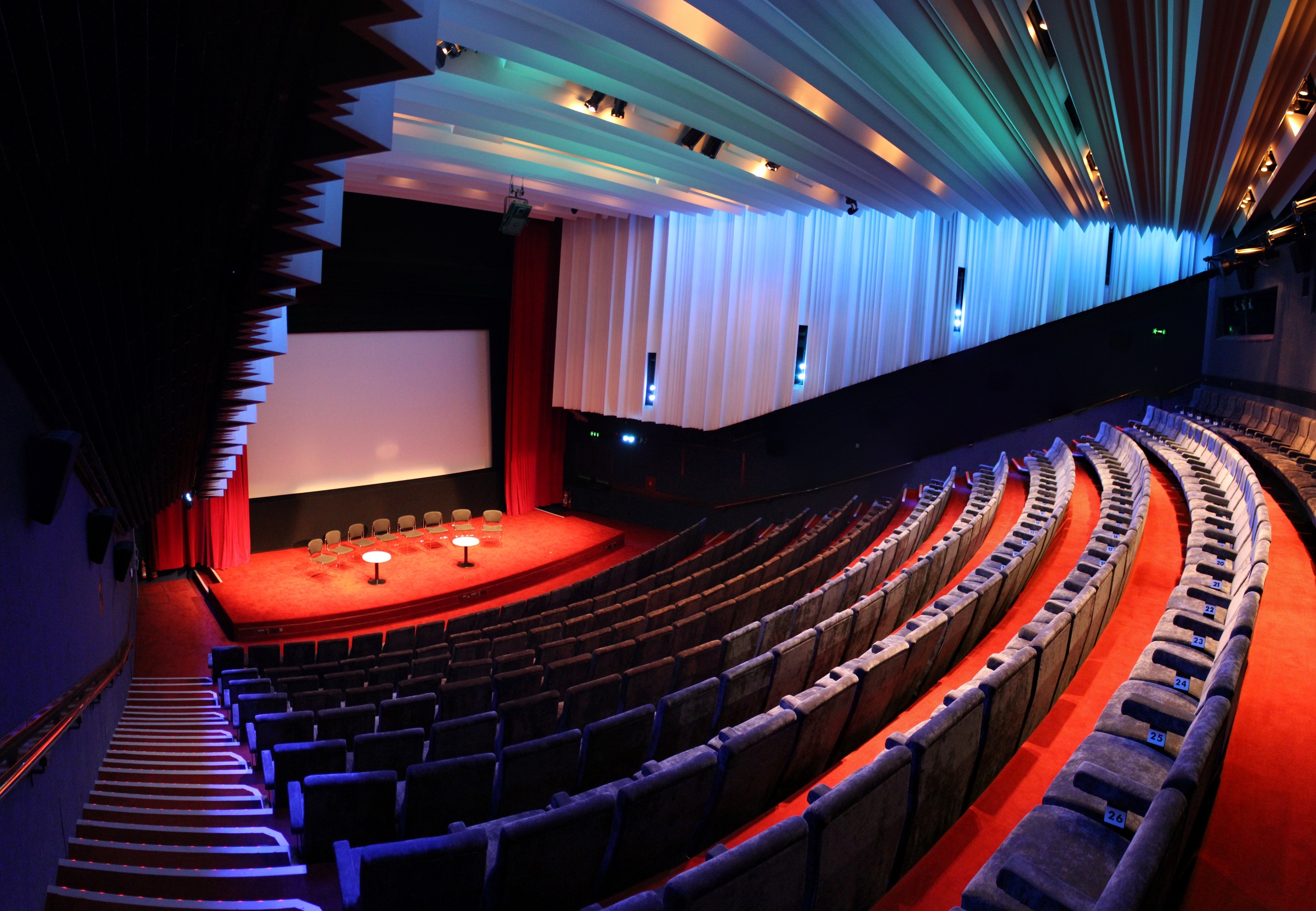 Interior of the Barbican Cinema, with red carpets. The focus of the image is the large screen at the bottom of the row of seats.