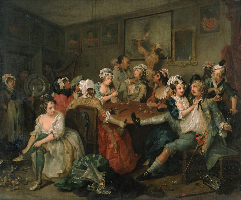 Oil painting titled 'Tavern Scene' by William Hogwarth, depicting a riotous scene on the combined brothel and the restaurant Rose Tavern at Drury Lane in Covent Garden at three o'clock in the morning.