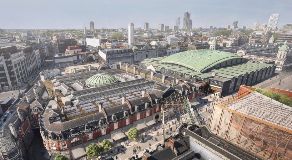CGI aerial view of the London Museum with surrounding cityscape on a clear day.