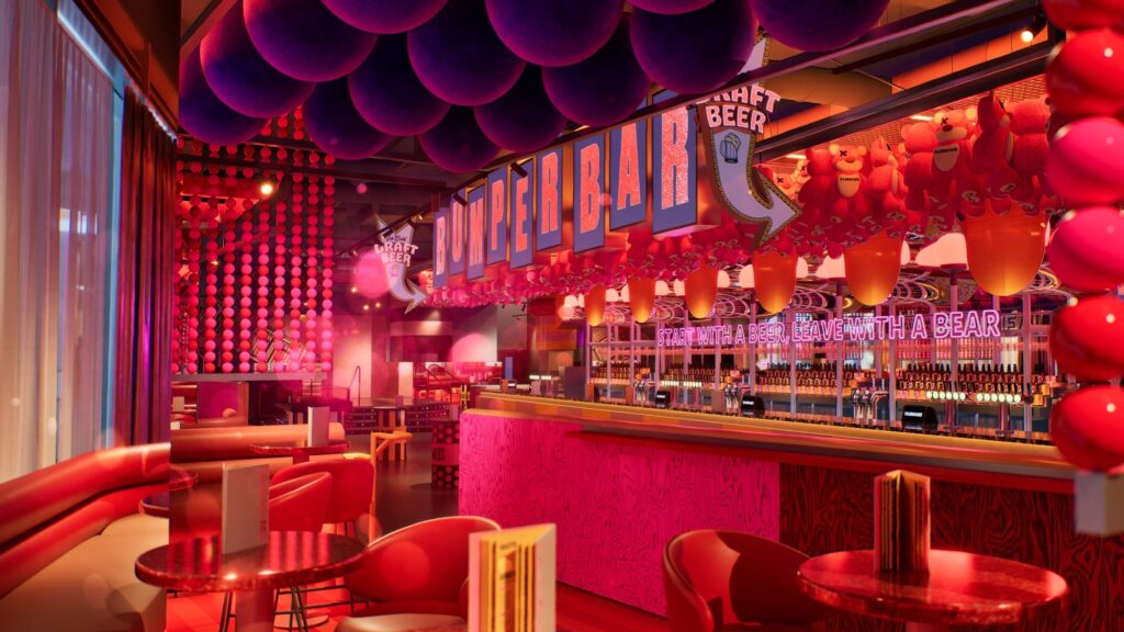 Interior view of Fairgame at One New Change bathed in pick light.
