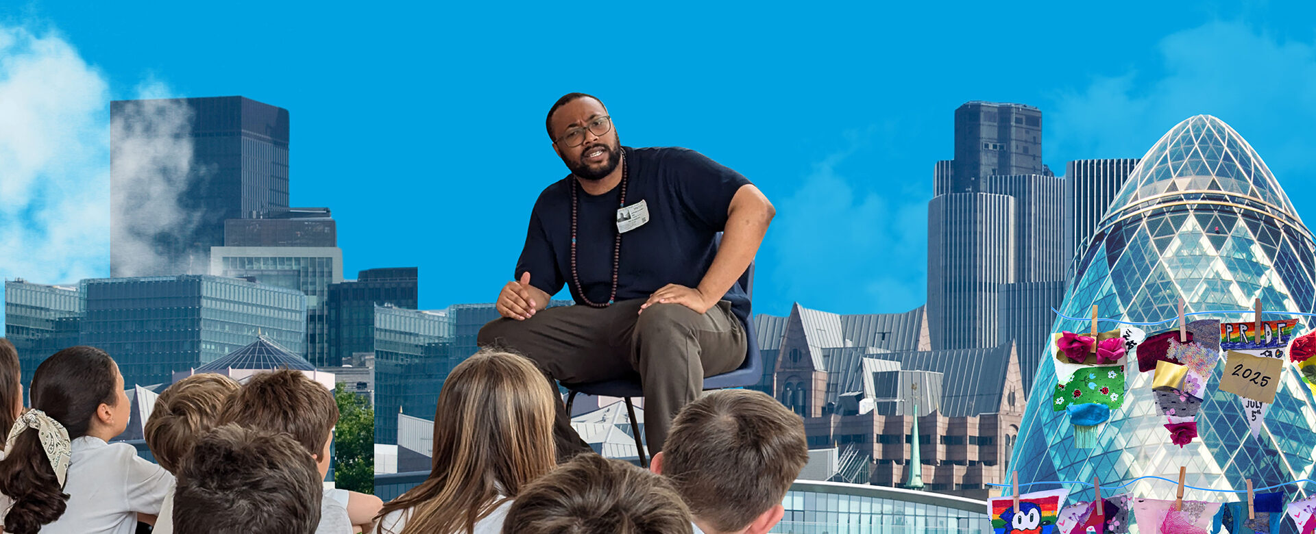 A person wearing a black shirt and khaki pants sitting on a stool, instructing a group of attentive children with a backdrop of a city skyline featuring recognizable buildings like the Gherkin in London
