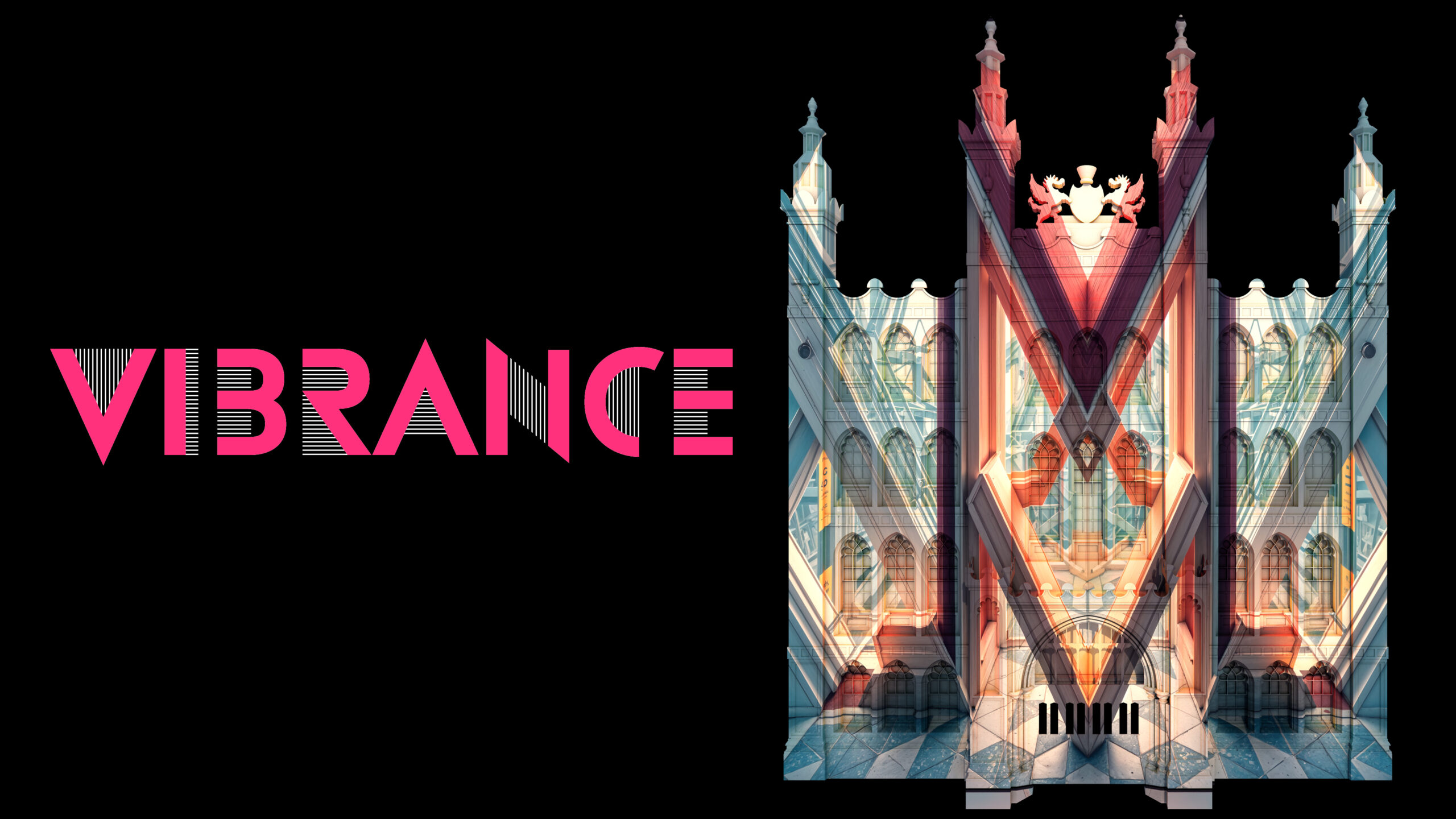 Promotional poster for Vibrance Festival, showing an artistic rendering of Guildhall illuminated