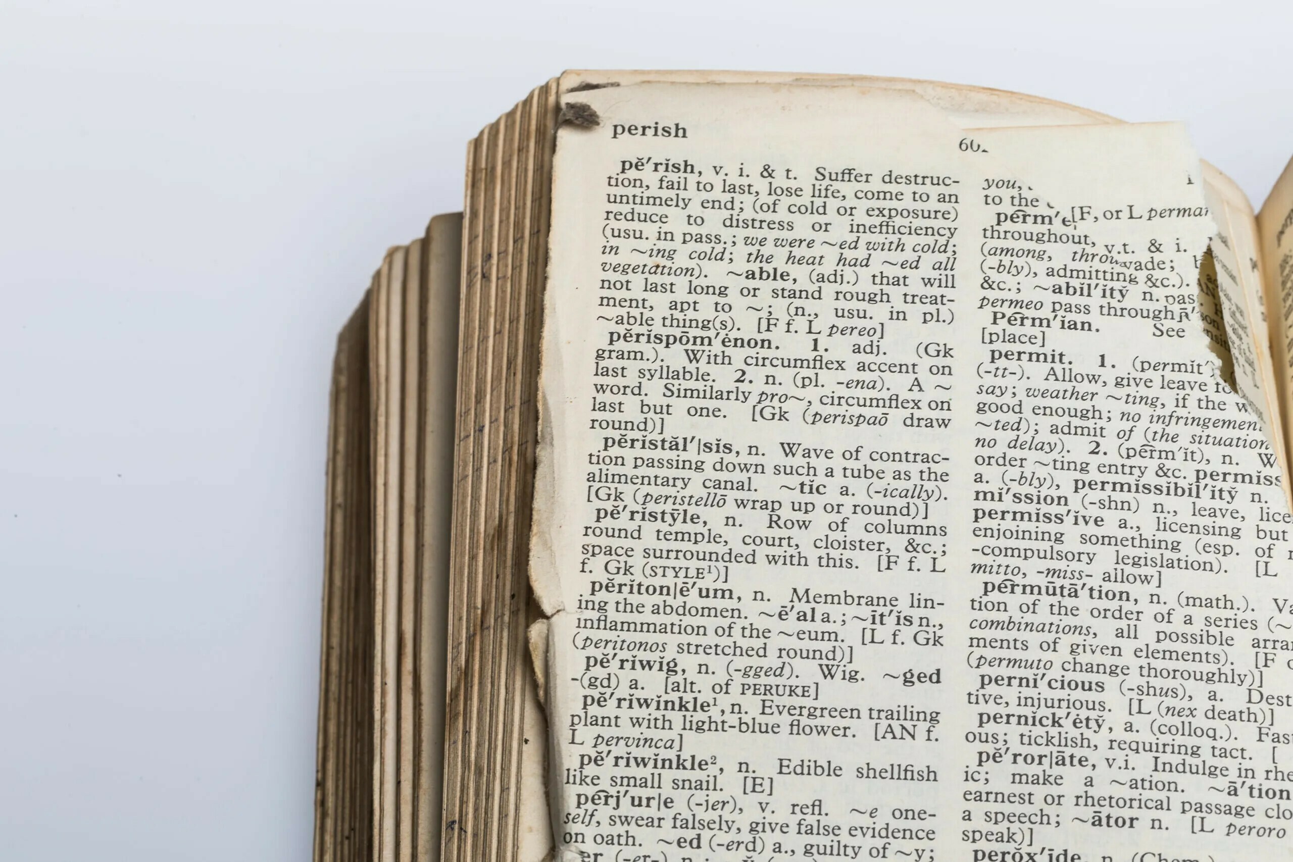 An old dictionary open at the page starting with the word "perish"