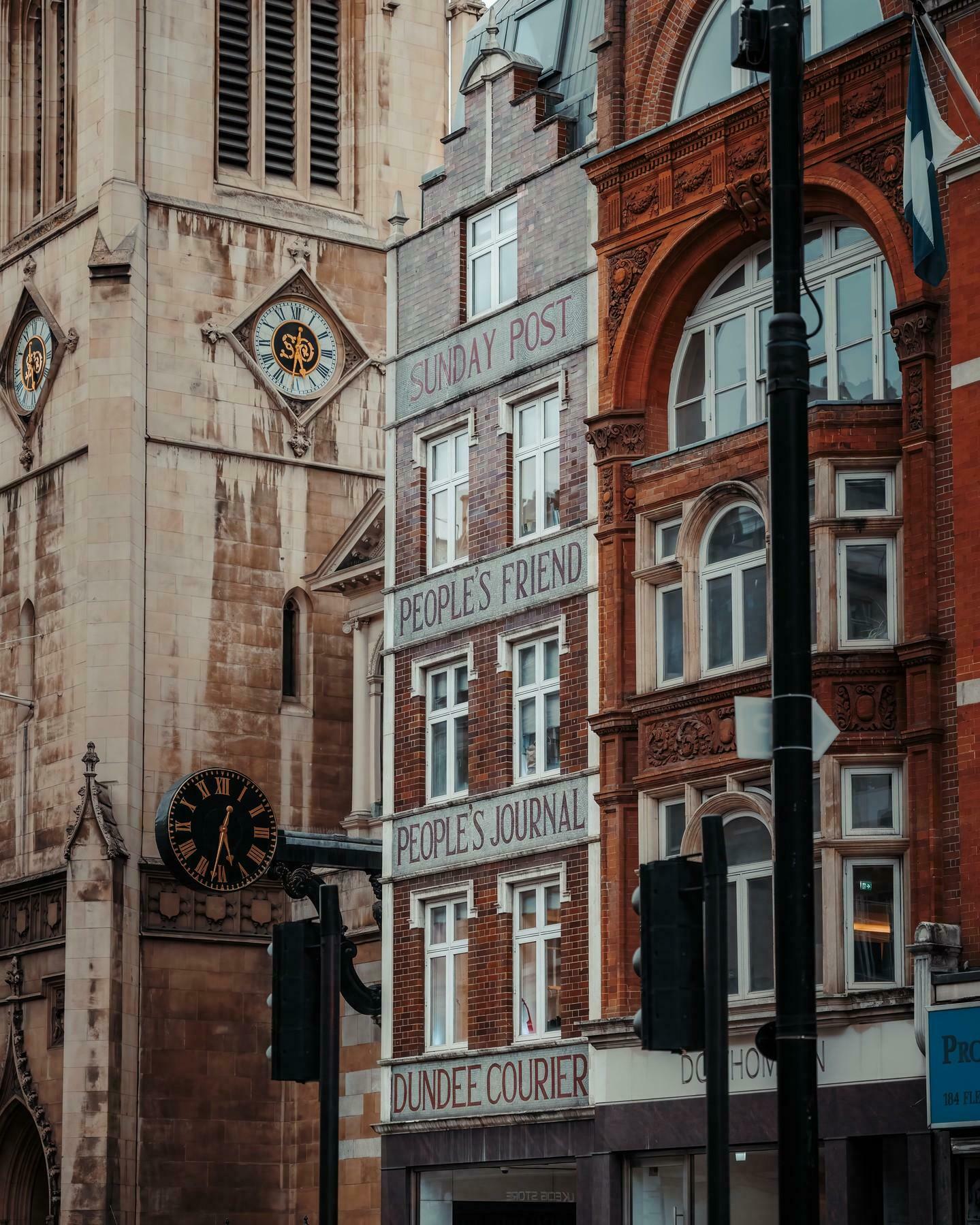 An image of a tall building next to St Brides listing publications from Fleet Street's history